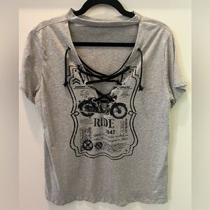 Gray Graphic Lace-Up Women's Top